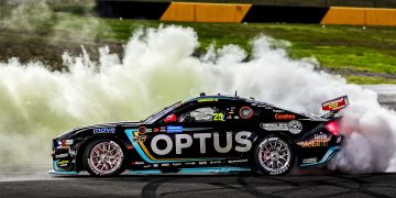 Chaz Mostert celebrates victory in Race 15 of the Repco Supercars Championship at Sydney Motorsport Park.