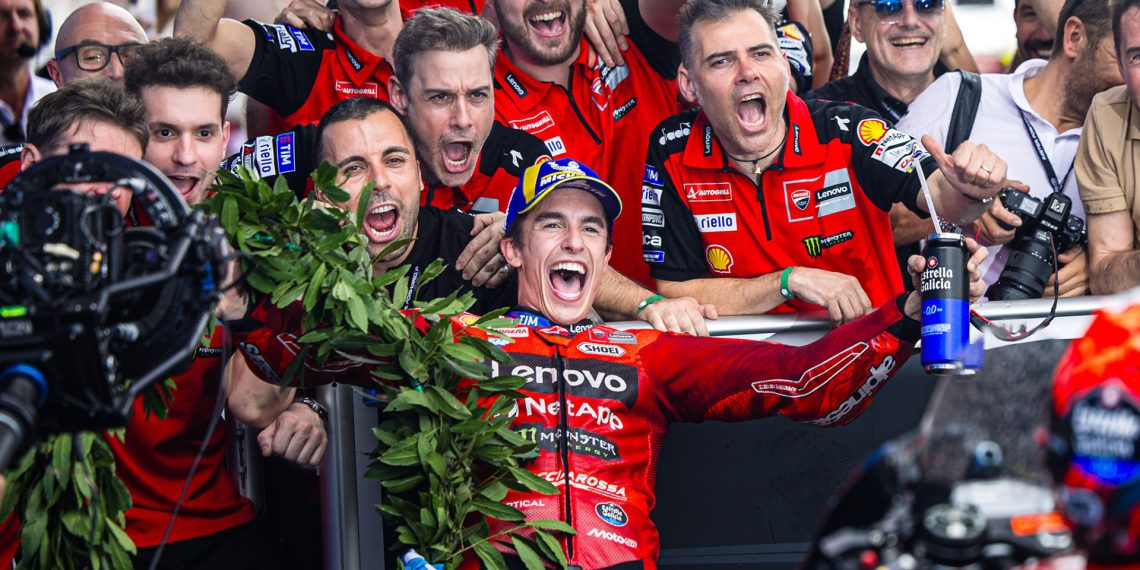 Marc Marquez celebrates winning the Argentine Motorcycle Grand Prix.