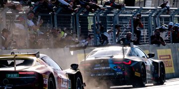 The #32 Team WRT BMW M4 of Augusto Farfus, Sheldon van der Linde, Kelvin van der Linde celebrate victory.