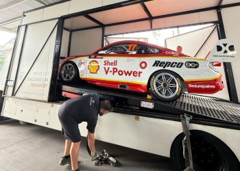 The 2019 Bathurst 1000 winner is loaded onto a truck.