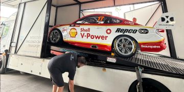 The 2019 Bathurst 1000 winner is loaded onto a truck.