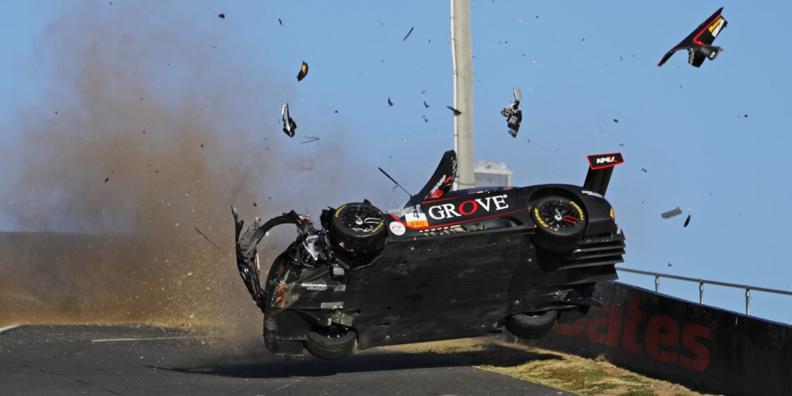 The Grove Racing Mercedes-AMG mid-crash at Mount Panorama during the 2025 Bathurst 12 Hour.