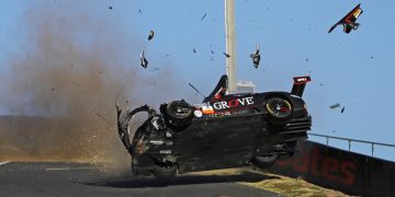 The Grove Racing Mercedes-AMG mid-crash at Mount Panorama during the 2025 Bathurst 12 Hour.