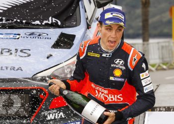 Hayden Paddon celebrates winning the 2019 Rally of Argentina.