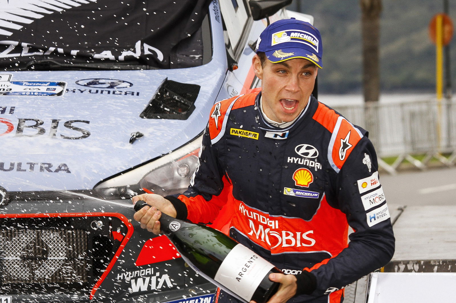 Hayden Paddon celebrates winning the 2019 Rally of Argentina.