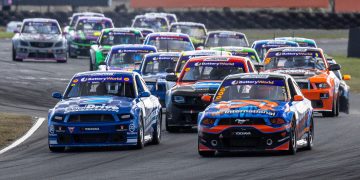 The start of an Aussie Racing Cars race at Symmons Plains Raceway.