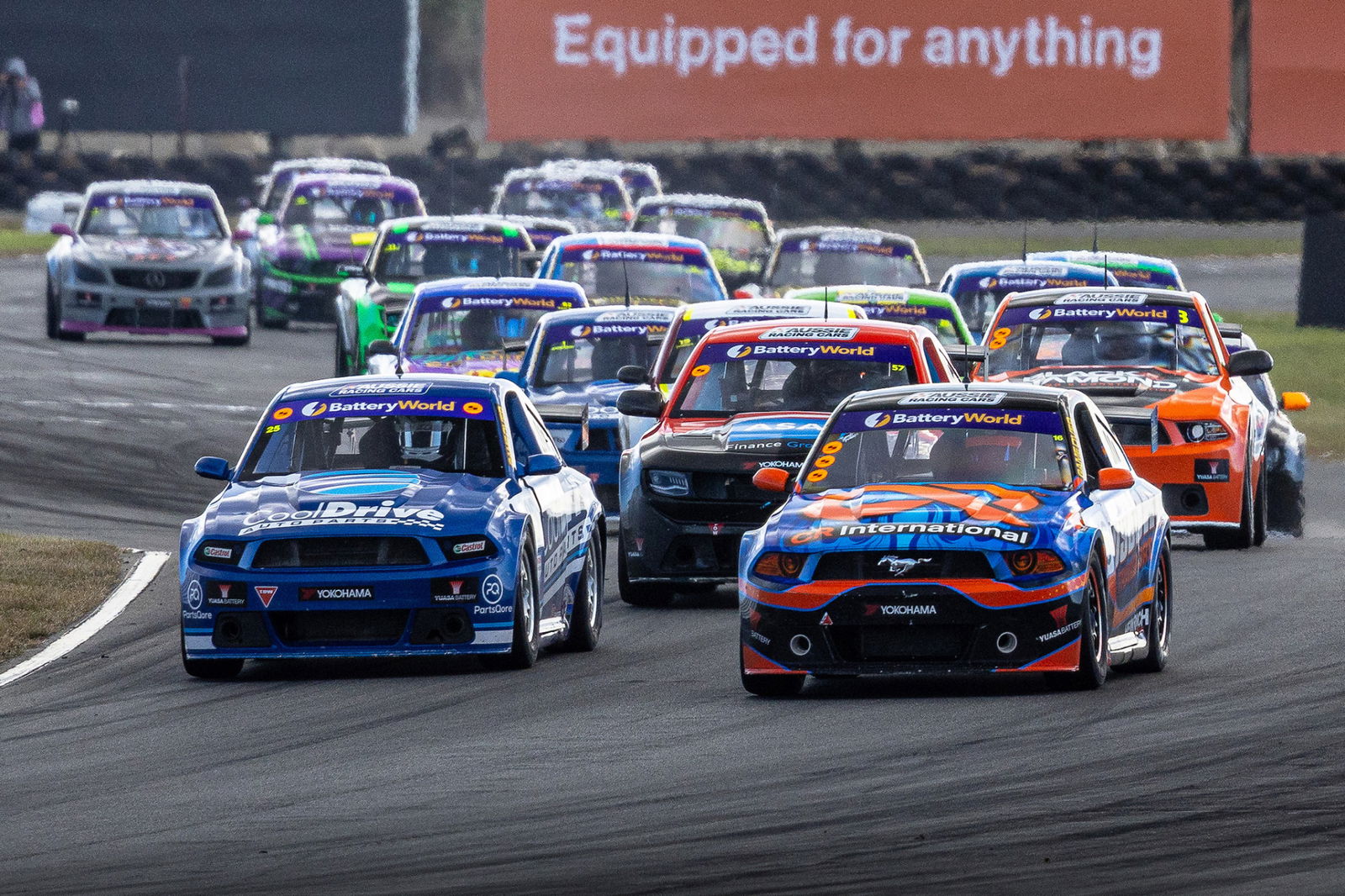 The start of an Aussie Racing Cars race at Symmons Plains Raceway.