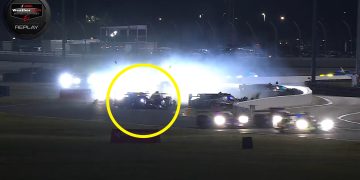 The #2 United Autosports LMP2 (circled) was among the victims of a crash during the eighth hour of the Daytona 24.