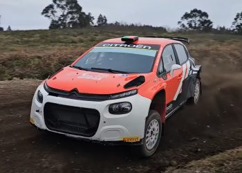 Lance Stroll driving a Rally2-spec Citroen C2.