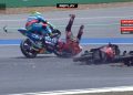 Joel Kelso (middle) crashed in the Moto3 support race at the Thailand Motorcycle Grand Prix, taking out Italy’s Dennis Fogia and Spain’s Angel Piqueras.