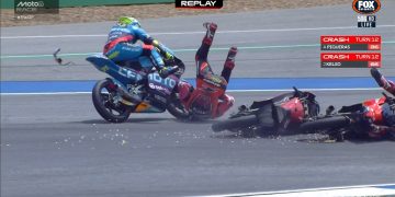 Joel Kelso (middle) crashed in the Moto3 support race at the Thailand Motorcycle Grand Prix, taking out Italy’s Dennis Fogia and Spain’s Angel Piqueras.