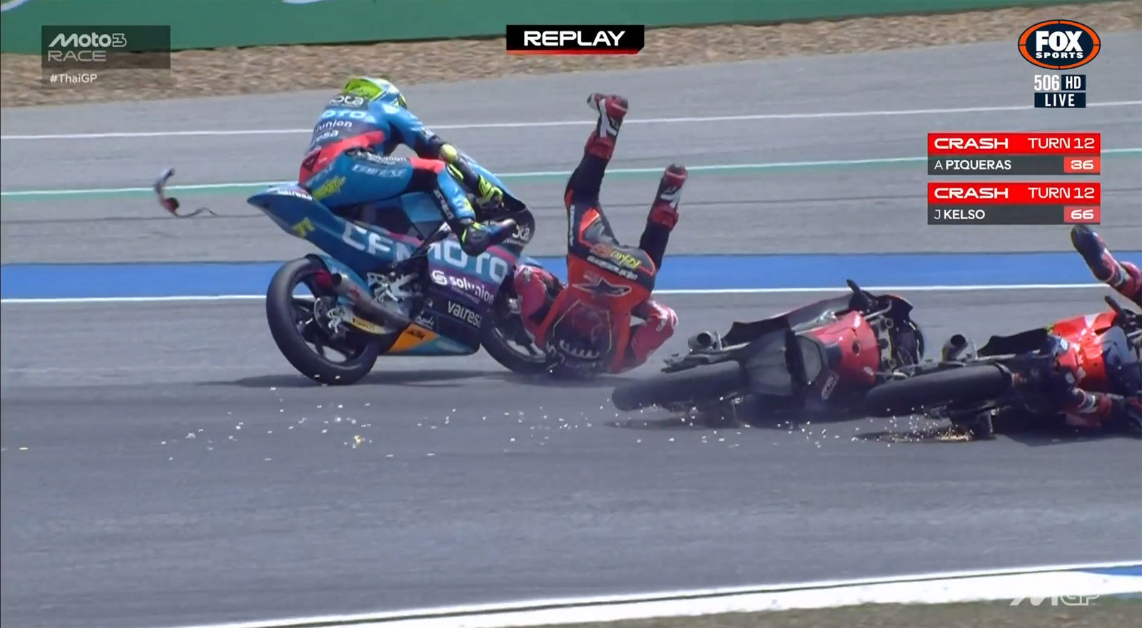 Joel Kelso (middle) crashed in the Moto3 support race at the Thailand Motorcycle Grand Prix, taking out Italy’s Dennis Fogia and Spain’s Angel Piqueras.