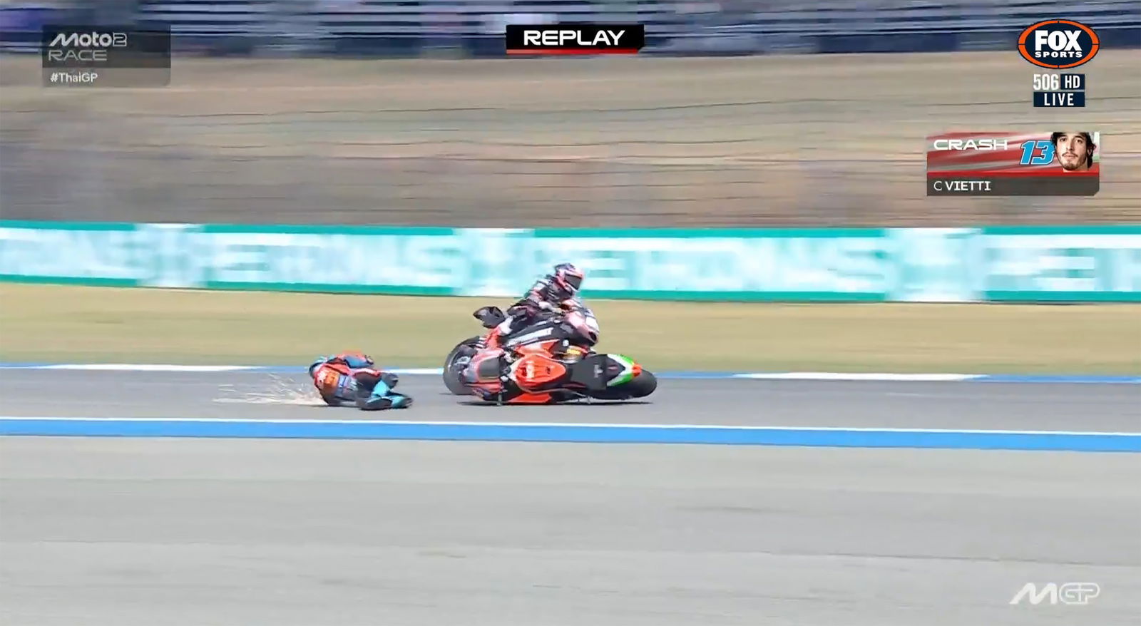 Australia's Senna Agius clashed with Celstino Vietti in the Moto2 race at the Thailand Motorcycle Grand Prix.
