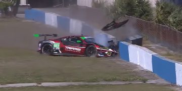The Triarsi Competizione Ferrari 296 crashed at the 55-minute mark during the 2025 Twelve Hours of Sebring. Image: IMSA