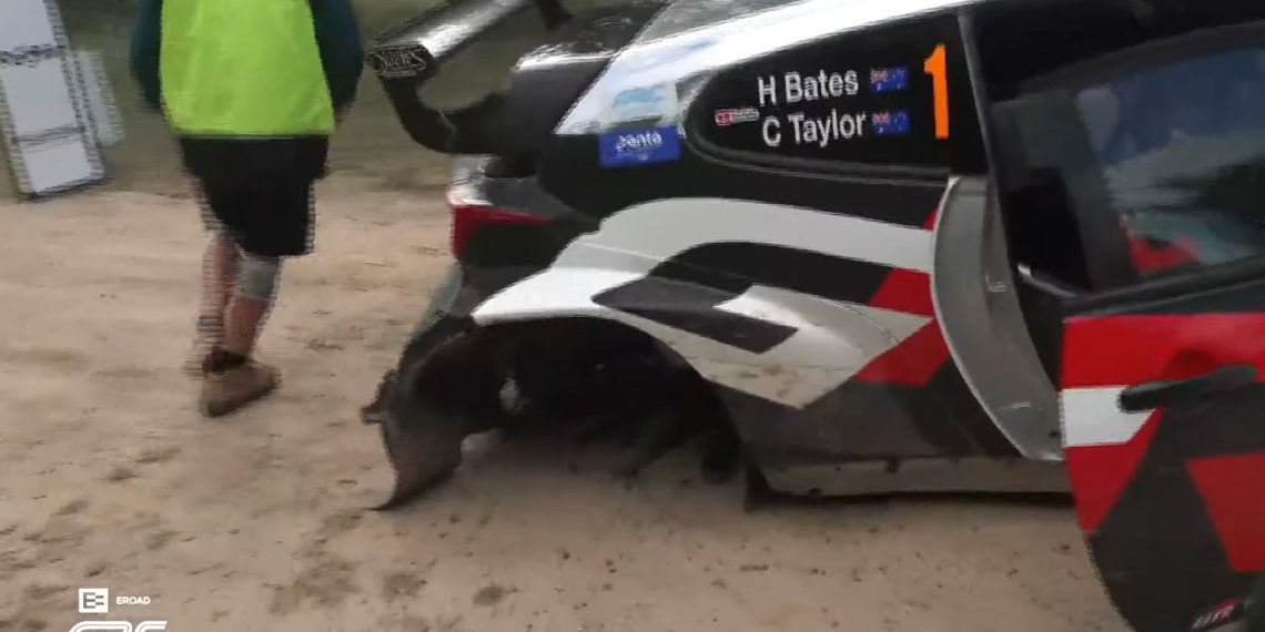 The wounded Toyota GR Yaris of Harry Bates on SS2 of the Rally of Canberra.