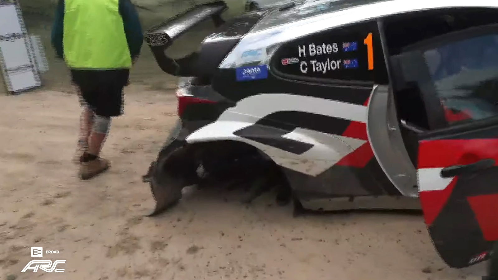 The wounded Toyota GR Yaris of Harry Bates on SS2 of the Rally of Canberra.