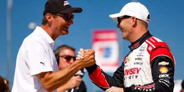Scott McLaughlin (right) celebrates with Team Penske president Tim Cindric.