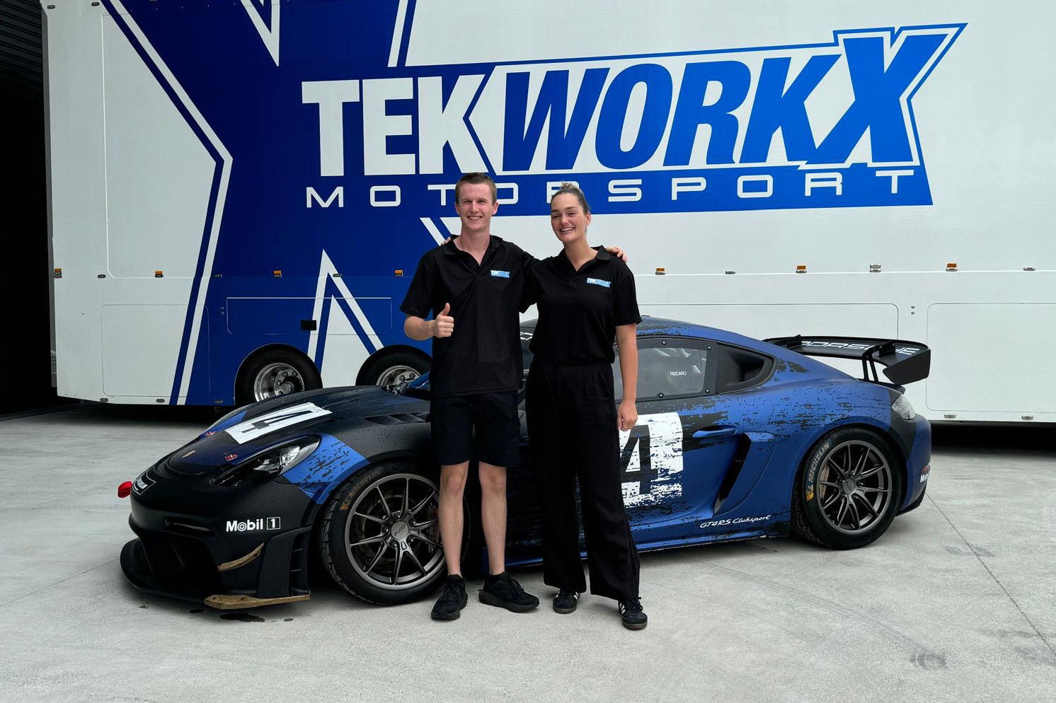 Nash Morris and Zoe Woods with their TekworkX Motorsport GT4-spec Porsche.